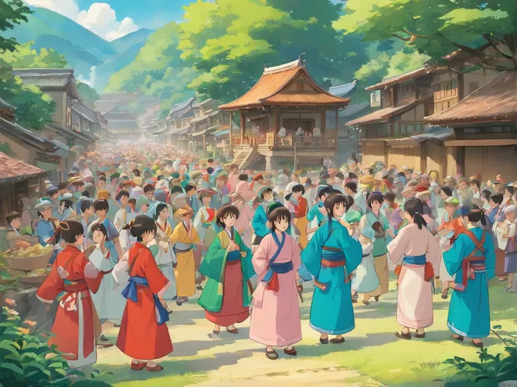 The Zhuang people are gathering to prepare for the Gyro Festival，Someone is moving things，Someone is talking，A dozen people，Stand in the open space of the village，More than a dozen people were dressed in ethnic minority clothes