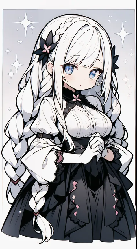 1girll, full bodyesbian, Wearing a black gown revealing a white shirt underneath，Lace,  Foggy，white color hair， Long hair with double braids，bangs detached, Bright eyes with black silk, Big eyes as perfect as diamonds, Cute, Character design, Detailed, ani...