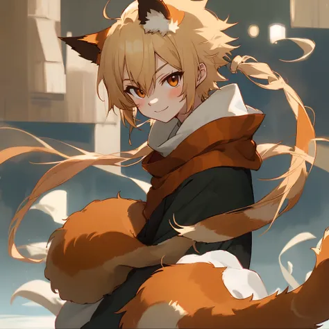 Blonde boy with red panda ears and tail、mischievous look、anime illustrated