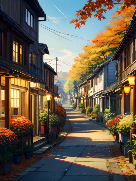 Countryside Street, Potted plants, flower,Oriental design, Autumn ,Harvest Festival,Autumn Leaves Digital Painting, wind,Concept art, Illustration, Convoluted, Many people, Lamp Post Light, Happy, Daytime in autumn, flower, Plants ((Tileset))