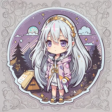 a sticker, cute anime, long layered silvery white hair,Light purple eyes，campsite，Pink Tent，according to，slimey，sullenness，Cute clothes，In a circle, White background, Gold-rimmed，It features a simple, ultra-detailliert, Detailed drawing, vectorized, silhue...