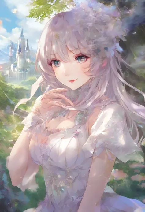 "best quality,ultra-detailed,realistic,anime,girl,beautiful detailed eyes,beautiful detailed lips,extremely detailed eyes and face,longeyelashes,soft pastel colors,cute expression,happy smile,vibrant background,fantasy elements,magical setting,shimmering l...