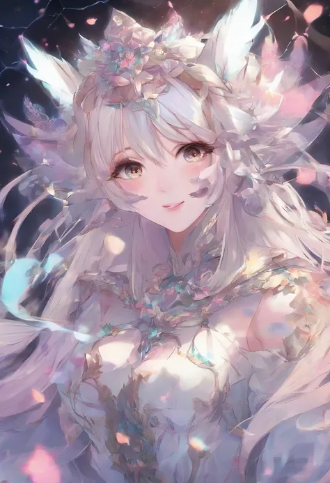 "best quality,ultra-detailed,realistic,anime,girl,beautiful detailed eyes,beautiful detailed lips,extremely detailed eyes and face,longeyelashes,soft pastel colors,cute expression,happy smile,vibrant background,fantasy elements,magical setting,shimmering l...