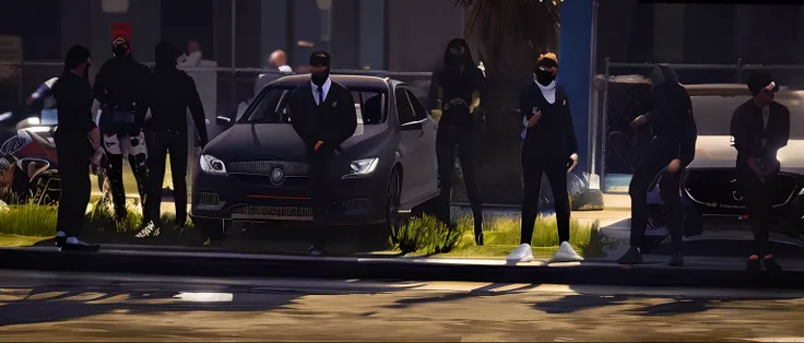 There are a lot of people standing around a car in a city, Style GTA5, Style GTA 6, Grand Theft Auto Style, Style de GTA V, De nombreux PNJ dans les rues, Style GTA V, Style GTA, GTA v Street Style, lisse dans _ Le contexte, bande, corps entier en plan, hy...