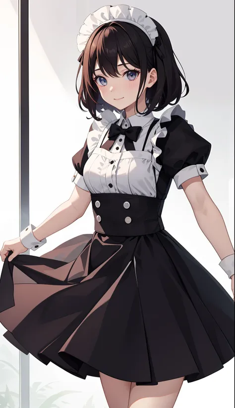 1girl in、AS-Adult、A smile、The shirt、skirt by the、（small tits）、doress、pinafore、Hair decoration、（Maid costume）、Walking with a thigh、Upper body portrait、movement、