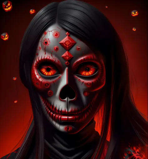 arafed woman with a red face and black makeup covering her eyes, half face, face melting, creative makeup, half skull half face, red and black tones, horror symmetrical face, symmetrical painted face, face and skin is dark red, black and red tones, half sk...