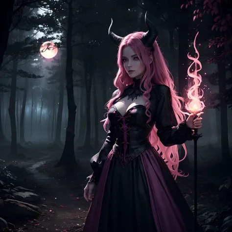 (Devil Woman With Pink Hair,Spells:1.1,blazing:1.1)(Illustration)(Best Quality,Ultra-detailed,Realistic:1.37),Devil Witch(Demonic:1.1)(Magic:1.1)(forest)(dark and mysterious,ominous vibe),Cast powerful spells,Generating magical energy(Magic:1.1),vivid pink...