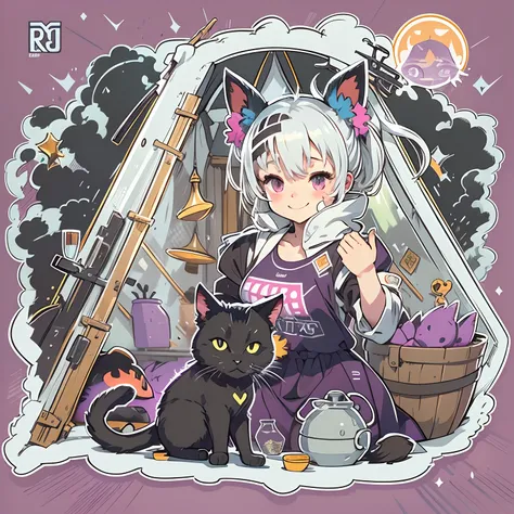 a sticker, pretty anime girl, （Silvery-white hair with long twin tails）,Reddish-purple eyes，Happy smile，campsite，teepee，There is only one black cat，In a circle, White background, Gold-rimmed，It features a simple, ultra-detailliert, Detailed drawing, vector...