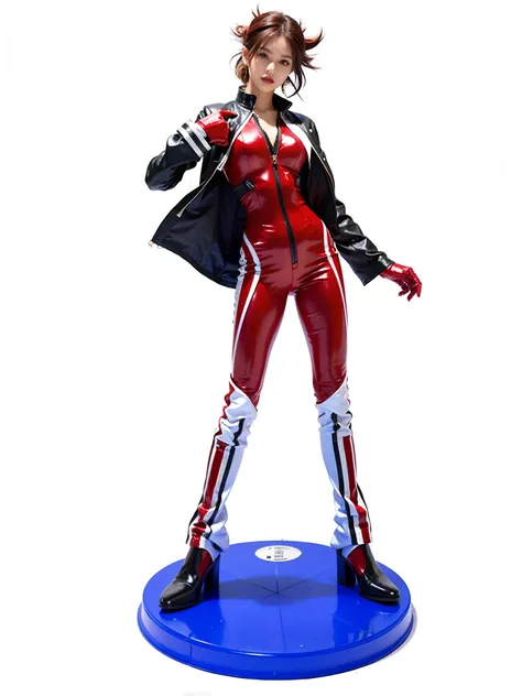 personagen japonesa feminina, cabelos vermelhos, red headband, Red leather jumpsuit with white and black accents, luvas vermelhas, jaqueta preta com detalhes brancos, bota preta