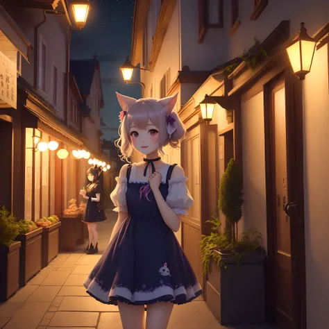 A cute girl with animal ears dresses up as a ghost、Picture a scene where you and your friends are getting sweets through the door。Street lamps at night illuminate the background