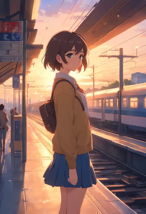 ​masterpiece、top-quality、Movie stills、1girl、female student、a miniskirt、railway、station、a closeup、发光、happiness、Warm soft lighting、the setting sun、(Spark:0.7)