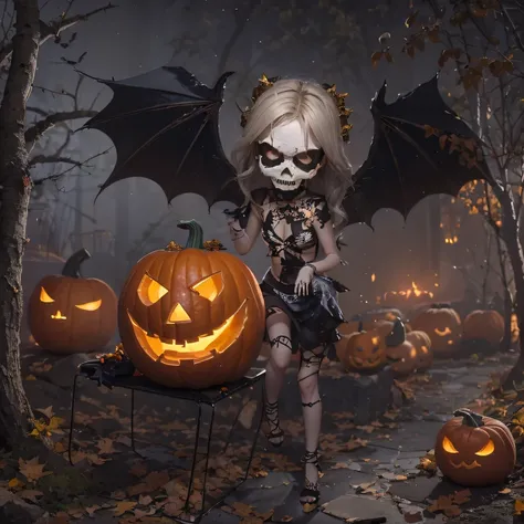 Halloween outfits（best qualtiy，8K pumpkin skeleton,Masterpiece）When the skeleton pumpkin appears，Bats only hear, unseen，Pumpkin girl，borgar，pumpkins，Bat explosion，That whistle echoed for a long time，Its like a prelude to impending death，The image of pumpki...