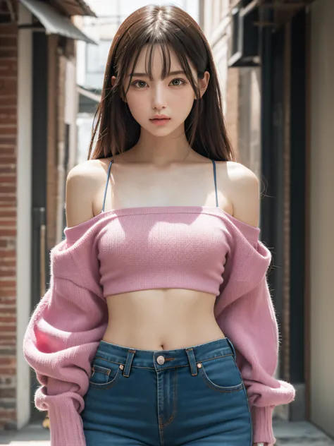 ((Extreme Detail)),(Ultra-detailed), the Extremely Detailed CG Unity 8K Wallpapers,Best Quality, masutepiece, Emily_T8, off shoulders,  Pink crop top,