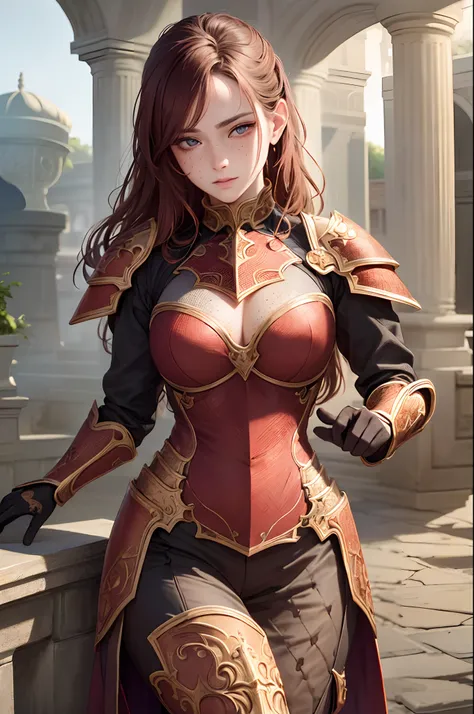 masterpiece, (realistic), highres, highly detailed, intricate, beautiful woman, Orange Long, magenta eyes, freckles, detailed face, knight, Red and Black armor.