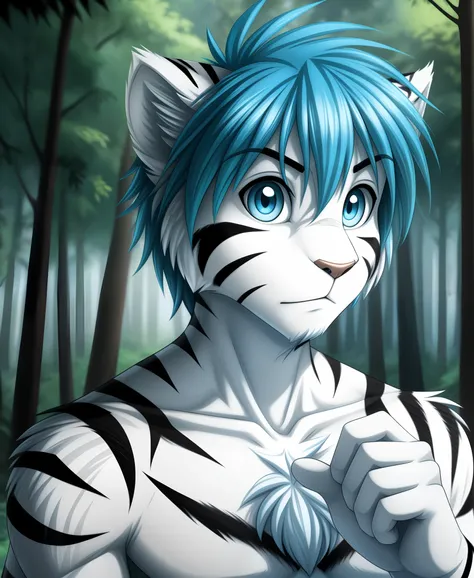 tiger-trace, twokinds, by tom_fischbach,, (best quality, masterpiece:1), solo, furry male anthro, blue eyes, medium hair, blue h...