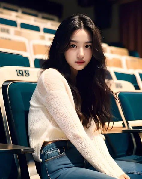 Cinematic Photo of a beautiful korean fashion model, 20 years old, perfect body, perfect skin, loose long hair, micro curls, tight jeans, white crop top, knit long sleeve, sitting in movie theater