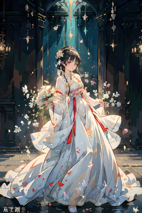 (anime,white dress,holding bouquet of flowers,masterpiece,romanticism art style,palace,Hanfu,sparkling colors,vibrant flowers,elaborate details,soft lighting)