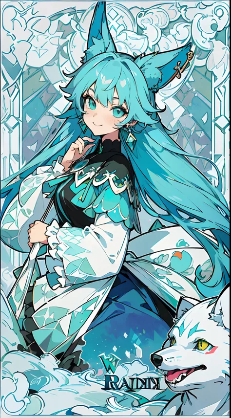 (The skin is not exposed, Long sleeve blouse with ruffles), (Solo), Very cute girl (1), Colorful stained glass on background,  Multicolored roses,Rose vine, ((Super Long Turquoise Blue Hair, Earring Color,Wolf ears)), (Super smile), Dynamism, (Her eyes are...