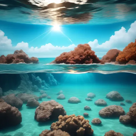 Middle of the ocean  clear blue water marine organisms insid cinematic view hyper realistic 8k quality afternoon time bright and scorching sunlight piercing through clear water 8k quality