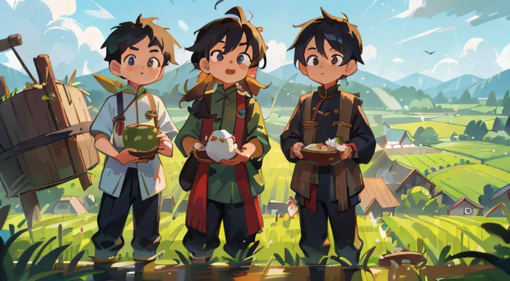 tmasterpiece, high high quality, Male children, Man with long black hair and black eyes, An oil painting of green clothes, Q version, farm field background, rays of sunshine, Chinese childrens clothing, Depart from the village, Rice cultivation,