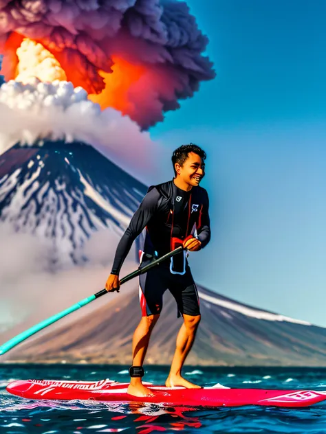 There was a handsome man standing on a surfboard in the water, On magma, In the background is an erupting volcano, A smile on his face, Step on the calm rocks, taken on go pro hero8, Quality,4K