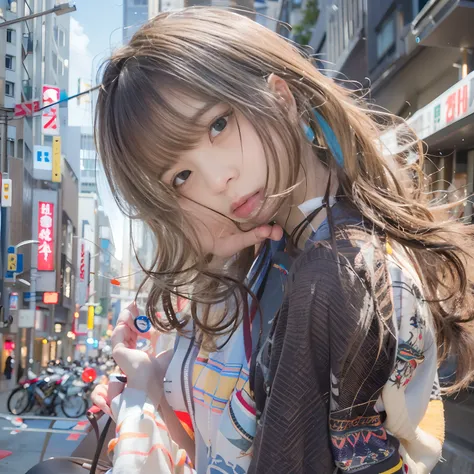 女の子1人、on tokyo street、A city scape、The upper part of the body、a closeup、A smile、、(8K、Raw photography、top-quality、​masterpiece:1.2)、(realisitic、photoRealstic:1.37)、Highly detailed eyelash drawing、(((Top image quality))),Colossal tits、Fine skin, (Beautiful h...