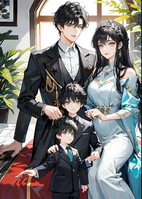 family, royal, elegant, good looking, kids, detailed, 4k, mom and dad, son and daughter, beautiful family, detailed eyes, pretty hair, handsome man, gorgeous woman, fine mom, hot dad, pretty kids, hot parents, kids, daughter, sons, mom with black hair, dad...