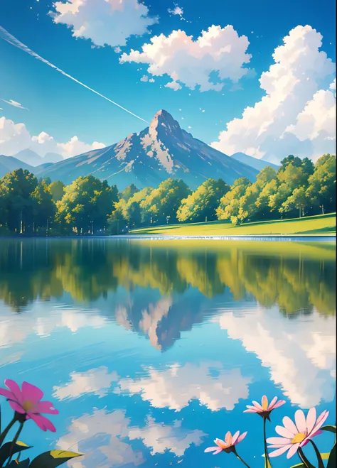 Summer, meadows, a few small flowers, clear lakes, heaven, big clouds, blue sky, hot weather, HD details, surdetails, cinematic, surrealism, soft light, deep field focus bokeh, distant vistas are snowy mountains, ray tracing and surrealism. --v6