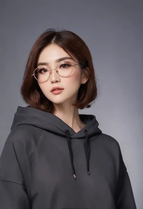 Brown hair, medium hair cut: shoulder length hair cut, waivy hair, southeast asian woman, 30 years old, wearing round eyeglasses, defined nose, defined heart shaped face, defined rounded nose, long eyelashes, round eyes, brown eyes, straight thick eyebrows...