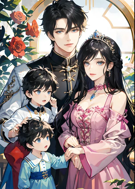 family, royal, elegant, good looking, kids, detailed, 4k, mom and dad, son and daughter, beautiful family, detailed eyes, pretty hair, handsome man, gorgeous woman, fine mom, hot dad, pretty kids, hot parents, kids, daughter, sons, mom with black hair, dad...