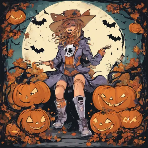 Halloween outfits（best qualtiy，8K pumpkin skeleton,Masterpiece）When the skeleton pumpkin appears，Bats only hear, unseen，Pumpkin girl，borgar，pumpkins，Bat explosion，That whistle echoed for a long time，Its like a prelude to impending death，The image of pumpki...