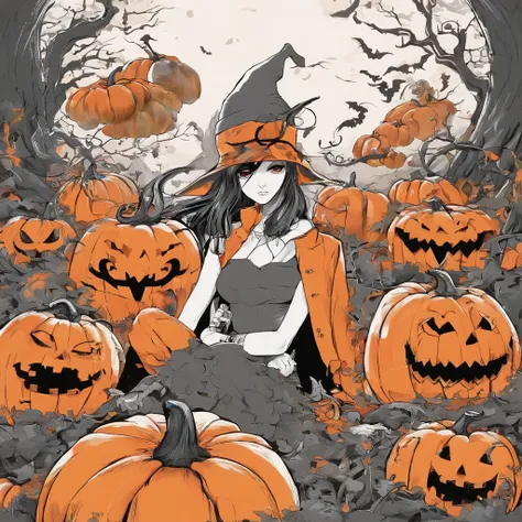 Halloween outfits（best qualtiy，8K pumpkin skeleton,Masterpiece）When the skeleton pumpkin appears，Bats only hear, unseen，Pumpkin girl，borgar，pumpkins，Bat explosion，That whistle echoed for a long time，Its like a prelude to impending death，The image of pumpki...