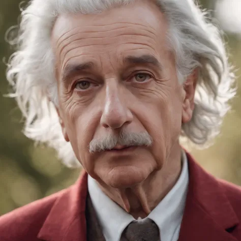 Einstein 8K HD with red blazer, looking straight into the camera