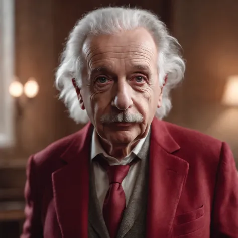 Einstein 8K HD with red blazer, looking straight into the camera