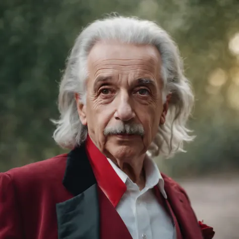 Einstein 8K HD with red blazer, looking straight into the camera