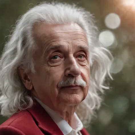 Einstein 8K HD with red blazer, looking straight into the camera