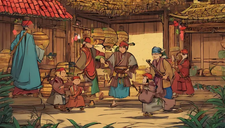 A group of people beat gongs and drums in the village clearing，Meet the two little boys，It is surrounded by Zhuang wooden houses