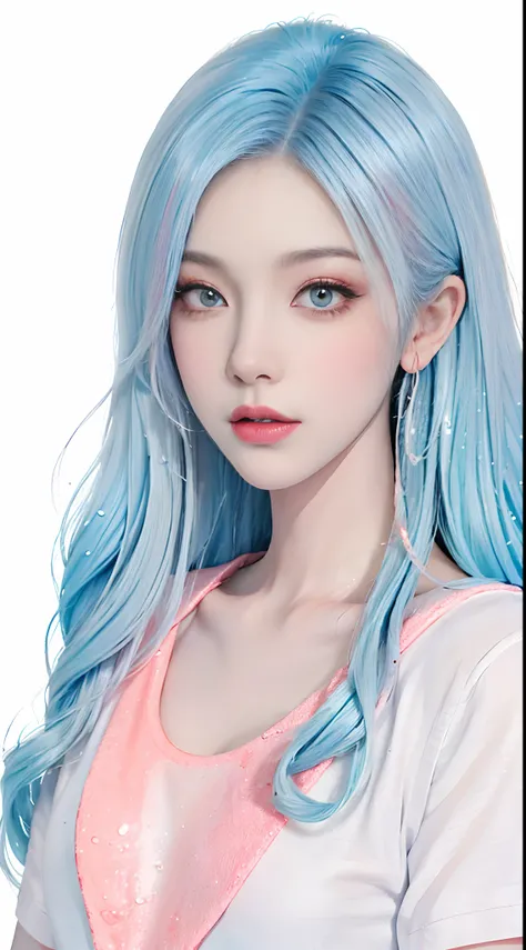 (Masterpiece, Best Quality, High Resolution), White Background, Acrylic Paint, ((Color Splash, Splash of Ink, Color Splash)), Sweet Chinese Girl, Long Light Blue Hair, [Light Blue|Pink] Hair, Curly Hair, Glitter, Peach Lips, White Shirt, Front, Upper Body