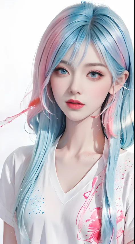 (Masterpiece, Best Quality, High Resolution), White Background, Acrylic Paint, ((Color Splash, Splash of Ink, Color Splash)), Sweet Chinese Girl, Long Light Blue Hair, [Light Blue|Pink] Hair, Curly Hair, Glitter, Peach Lips, White Shirt, Front, Upper Body