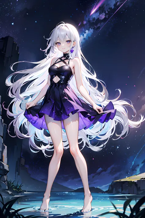 Silvery hair,Asymmetrical hair, hair over shoulders, Messy hair, Very long hair, Shiny hair，(Long hair:1.2),a beauty girl，Violet skirt，Tall and tall，slenderness，With a smile，Set against the backdrop of a brilliant dark starry sky，Barefoot，afloat，long leges...