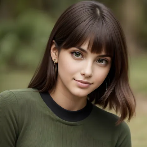 mujer joven, Pelo negro corto, Grandes ojos verdes, Orejas aparentes, Cara delgada, Con vestido negro, small smile, Ambiente casual