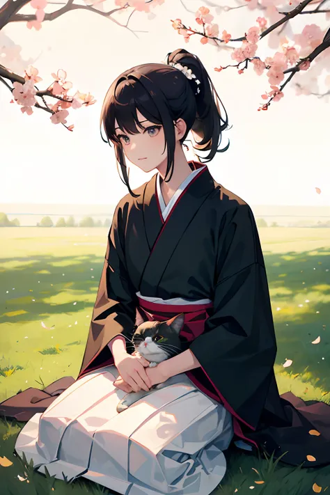 Sitting under a tree, cat on his lap, ponytail, man, hakama