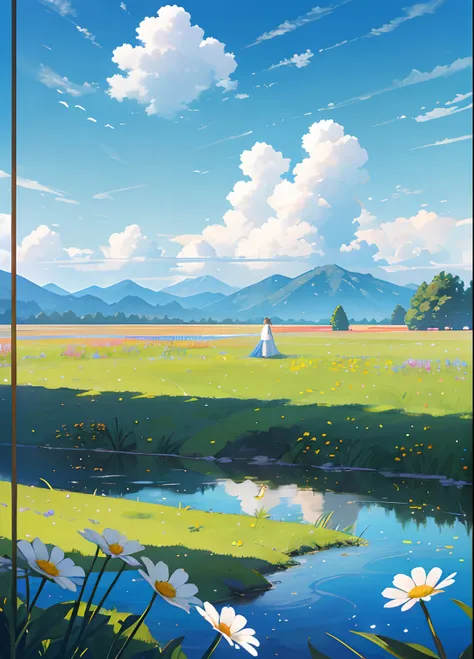 Summer, meadows, a few small flowers, clear lakes, heaven, big clouds, blue sky, hot weather, HD details, surdetails, cinematic, surrealism, soft light, deep field focus bokeh, distant vistas are snowy mountains, ray tracing and surrealism. --v6