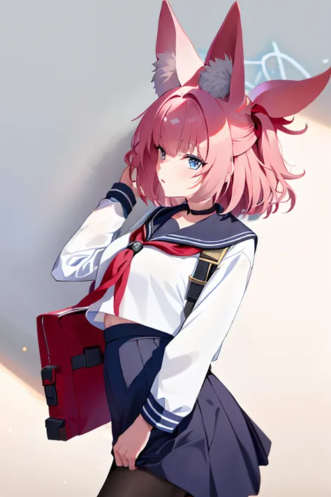 nico, 1girl in, 独奏, looking at the viewers, shorth hair, blue eyess, simple background, animal ear, 校服, A pink-haired, panthyhose, fox ear, The halo, white backgrounid, Armbands, holster, cowboy  shot, arms folded、Perfect Lighting, extremely details CG, (P...