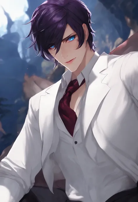 A very attractive dark purple haired boy with very vibrant blue eyes, fair skin, a dark devil tail, flirty look, white dress shirt, red diamond under left eye