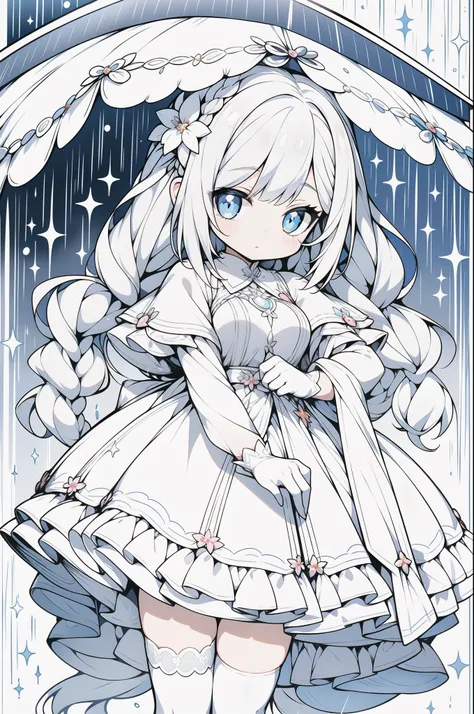 1girll, full bodyesbian, ，Wear a modernist coat,Rainy days,, Light gray hair, long whitr hair，Double up braid，bangs detached, Blue bright eyes, Big eyes as perfect as diamonds, Cute, Character design, Detailed, anime big breast, Official, flower pattern, P...