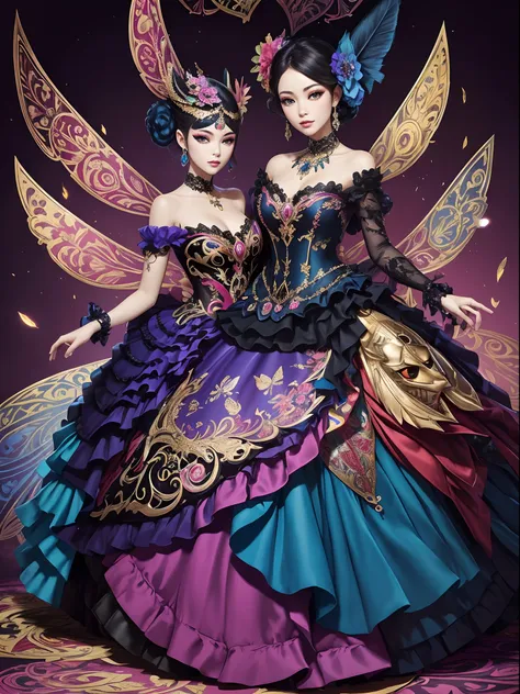 Vibrant colors、((​masterpiece)))、(((top-quality)))、((ultra-detailliert))、(A hyper-realistic)、(highly detailed CGillustration）、Decadent、Madame Papillon、Masquerade、Elegance、Gorgeous、Masks that cover most of the face、Colorful and detailed mask design、matchles...