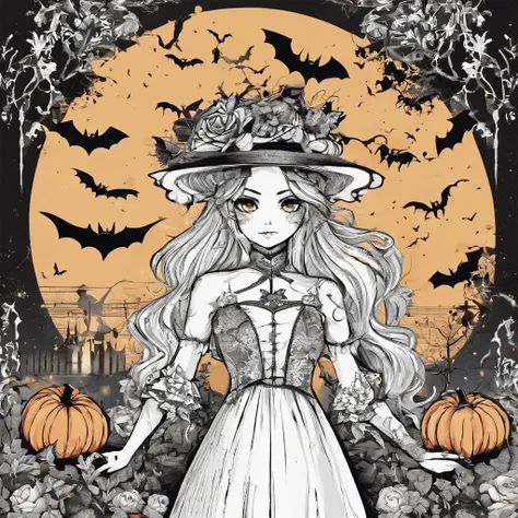 Halloween outfits（best qualtiy，8K pumpkin skeleton,Masterpiece）When the skeleton pumpkin appears，Bats only hear, unseen，Pumpkin girl，borgar，pumpkins，Bat explosion，That whistle echoed for a long time，Its like a prelude to impending death，The image of pumpki...