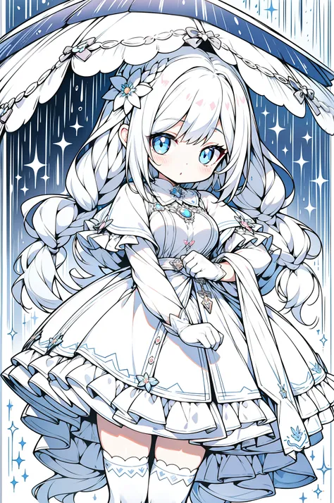 1girll, full bodyesbian, ，Wear a modernist coat,Rainy days,, Light gray hair, long whitr hair，Double up braid，bangs detached, Blue bright eyes, Big eyes as perfect as diamonds, Cute, Character design, Detailed, anime big breast, Official, flower pattern, P...