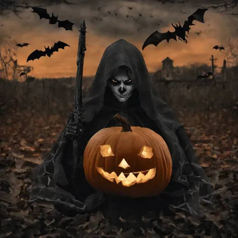 Halloween outfits（best qualtiy，8K pumpkin skeleton,Masterpiece）When the skeleton pumpkin appears，Bats only hear, unseen，Pumpkin girl，borgar，pumpkins，Bat explosion，That whistle echoed for a long time，Its like a prelude to impending death，The image of pumpki...